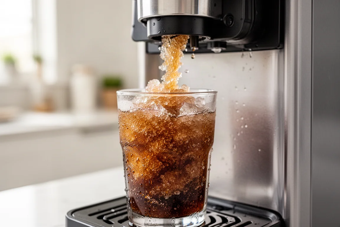 A glass of cola slushie being dispensed on a home kitchen counter