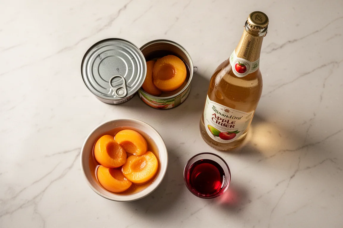 Fresh peaches and sparkling apple cider arranged on a kitchen counter