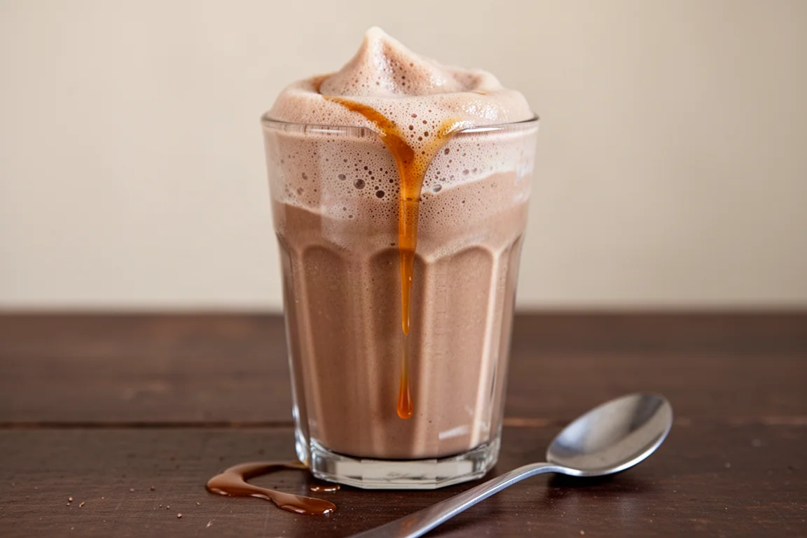 A foamy mocha frozen coffee drink in a tall glass