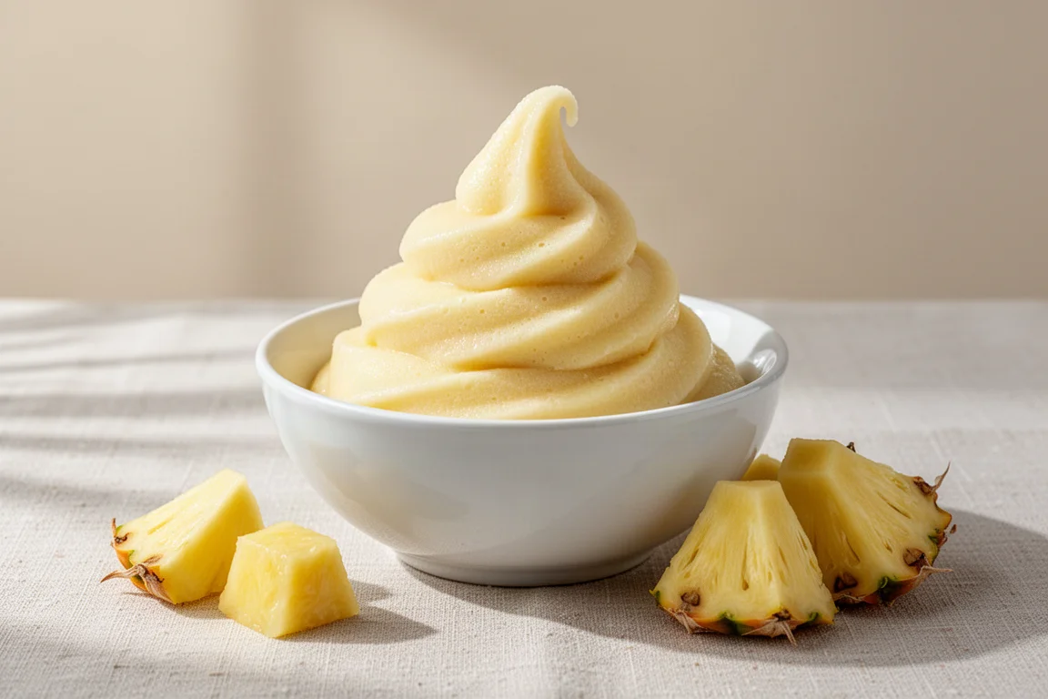 A thick creamy pineapple frozen dessert scooped into a bowl