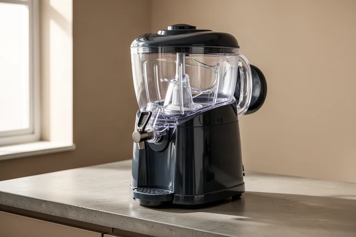 Countertop slushie machine with a clear mixing bowl on a concrete kitchen counter