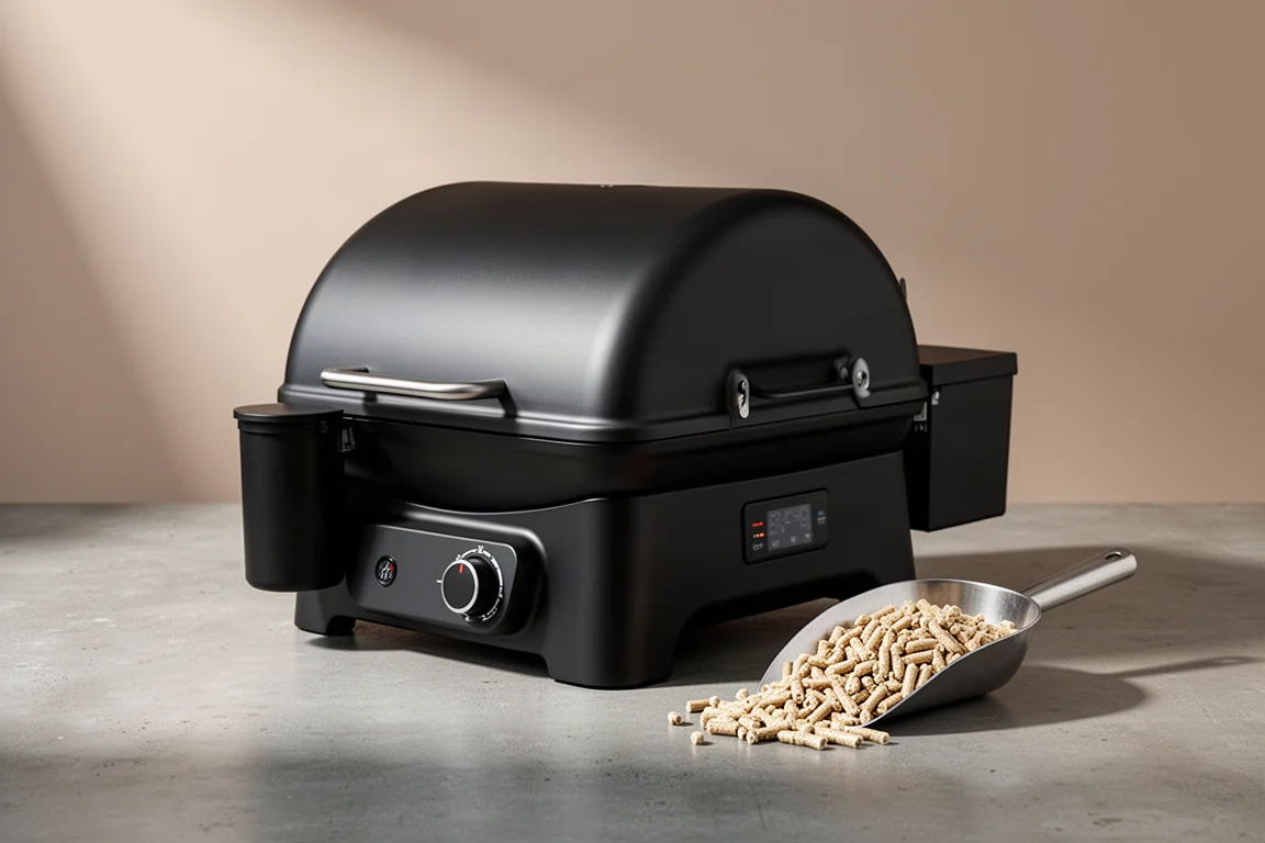 Compact matte black electric barbecue with side pellet hopper and steel scoop of pellets