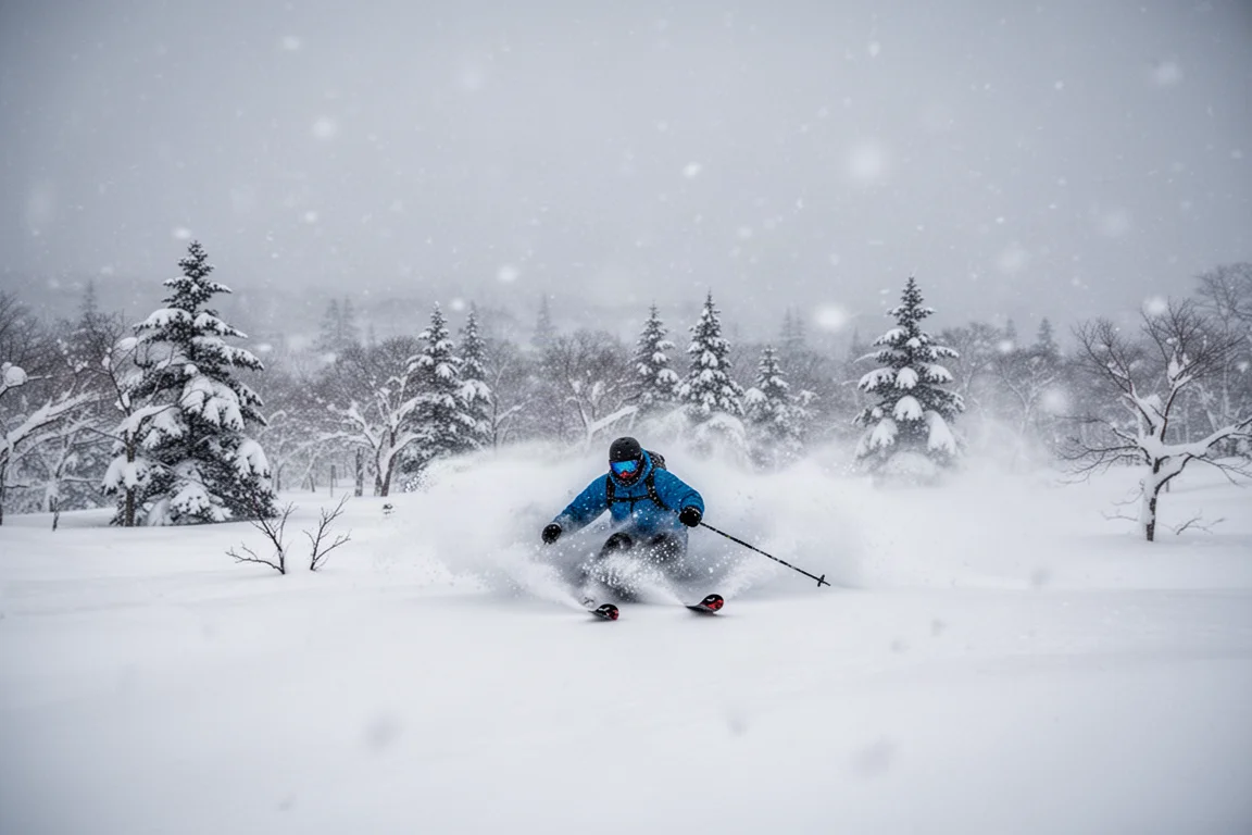 Esquiador en nieve profunda en una pista bordeada de árboles durante una nevada