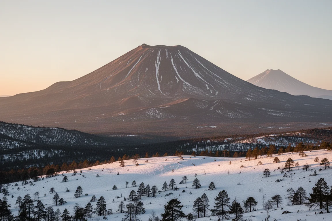 Silueta de montaña volcánica con vistas a un volcán simétrico al otro lado del valle