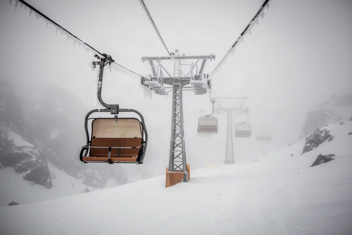 Telesilla monoplaza ascendiendo por un campo de nieve alpino expuesto entre la niebla