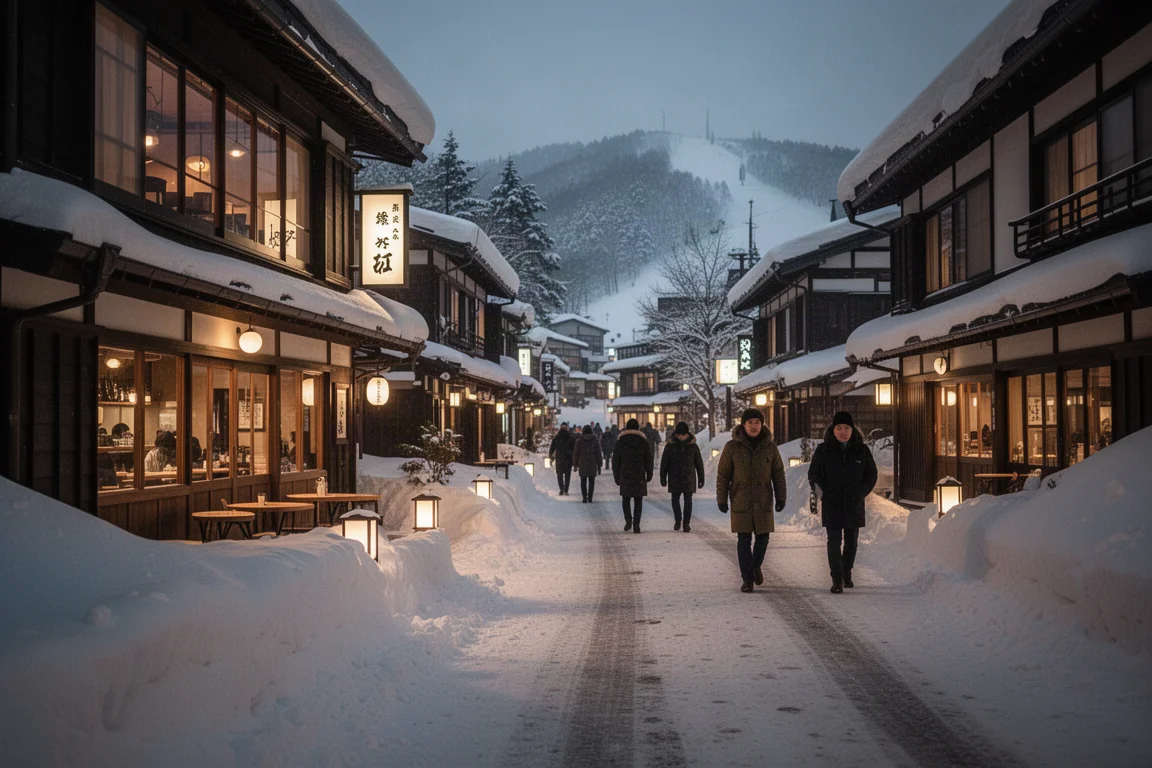 Pueblo de esquí japonés de noche con restaurantes, faroles y nieve cayendo