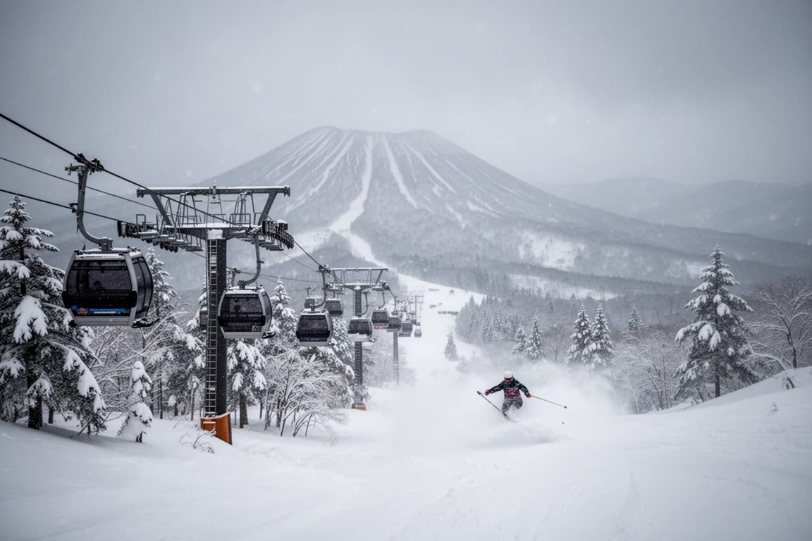 Skier dropping into deep powder at a snowy Japanese volcanic ski resort