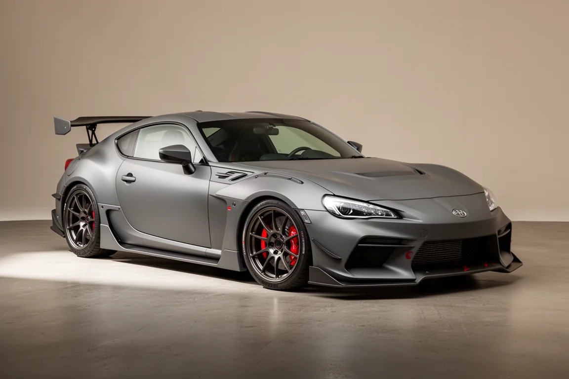 Grey Nissan GT-R Nismo style sports coupe on matte concrete backdrop