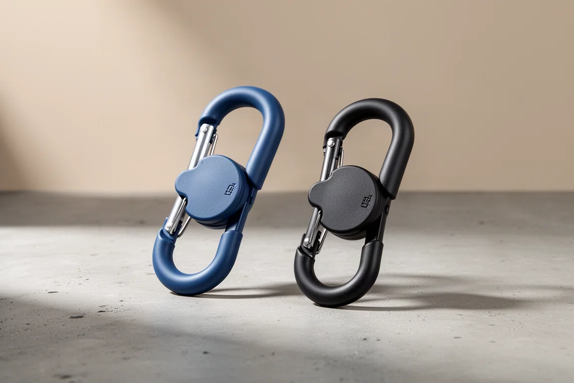 Moschettoni Nite Ize HeroClip Mini e Small affiancati su una superficie di cemento