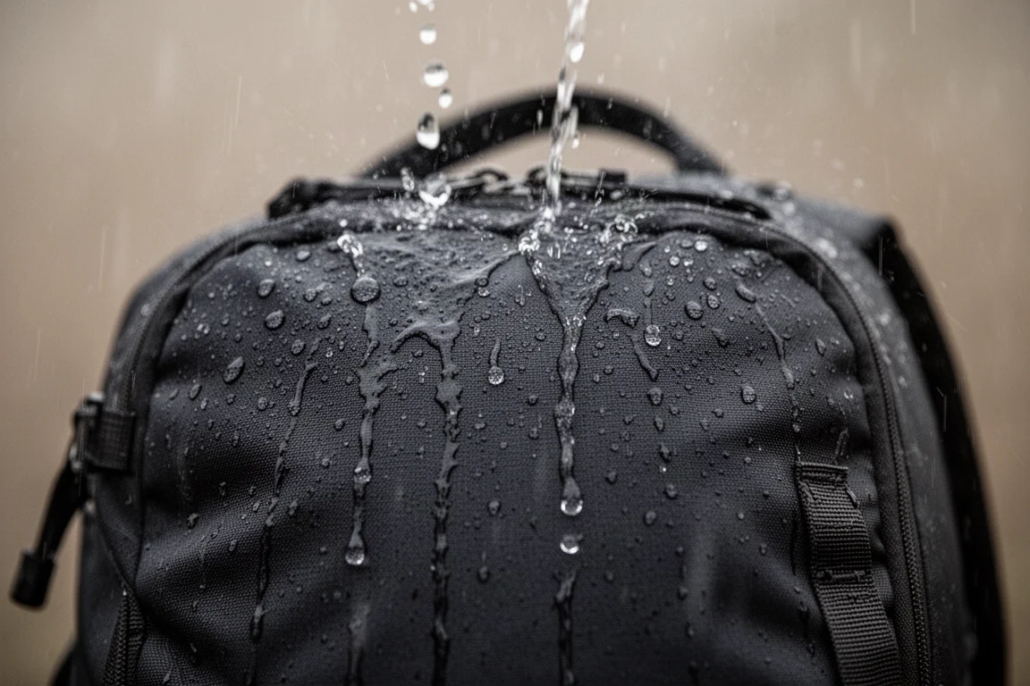 雨測時水珠在背包布料表面凝結並滑落
