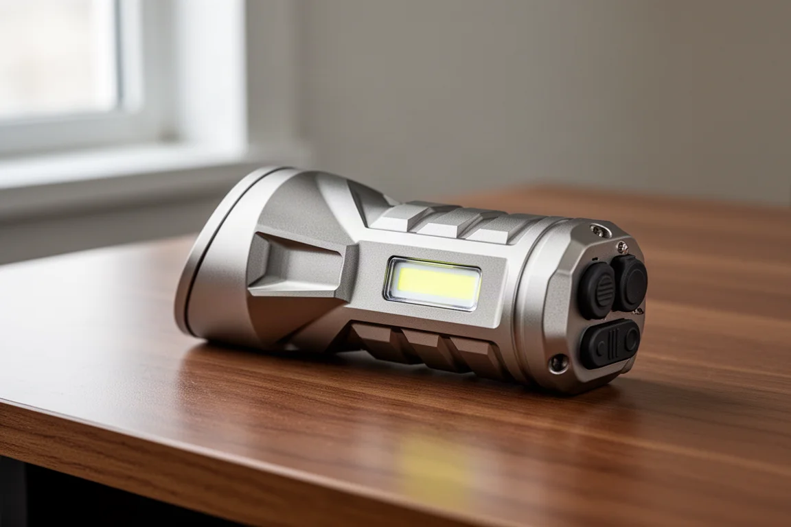 Zbliżenie na latarkę Nitecore EDC 29 z opancerzoną stalową obudową i wyświetlaczem OLED