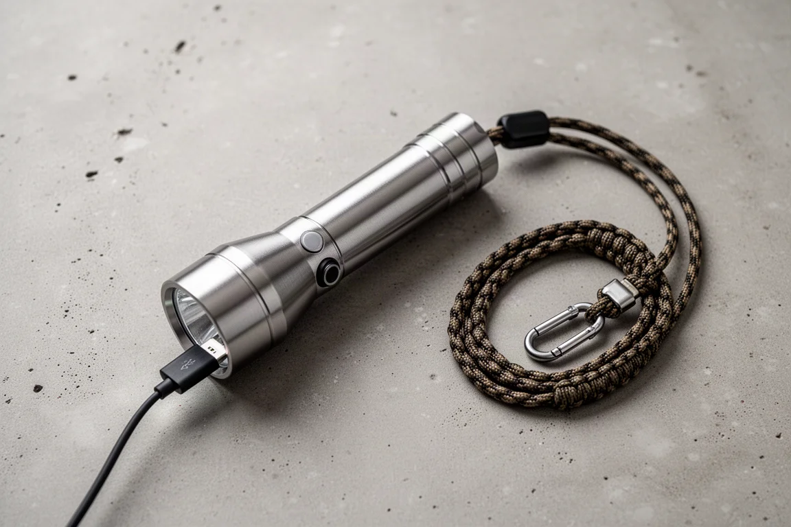 Ładowanie latarki kablem USB-C obok smyczy z paracordu na biurku