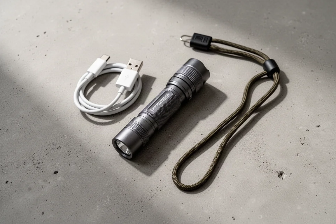 Cable USB-C y cordón ajustable dispuestos junto a una linterna compacta sobre una superficie de hormigón