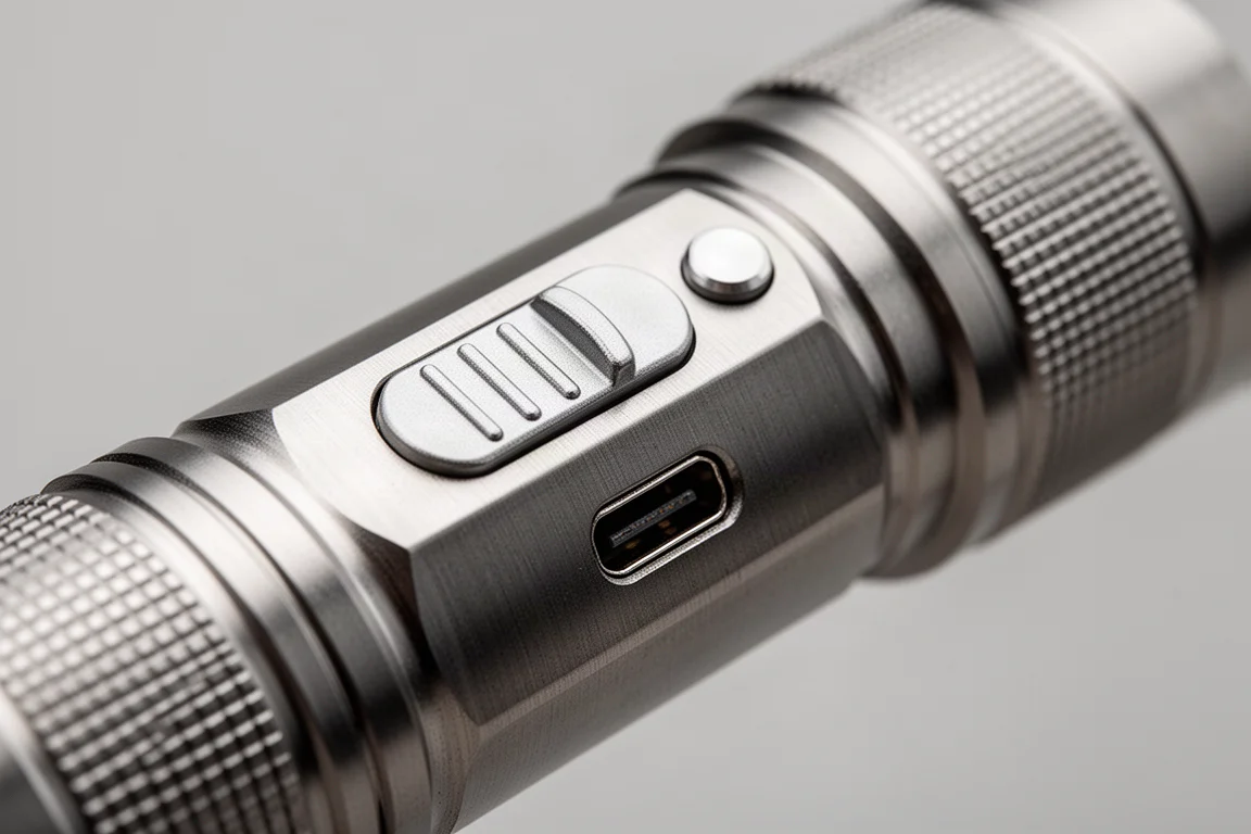 Primer plano del interruptor deslizante de la linterna y del botón lateral con una tapa del puerto USB-C