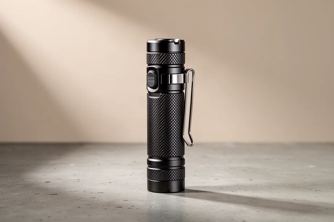 Torcia EDC sottile in acciaio inossidabile Nitecore EDC17 in piedi su una superficie di cemento