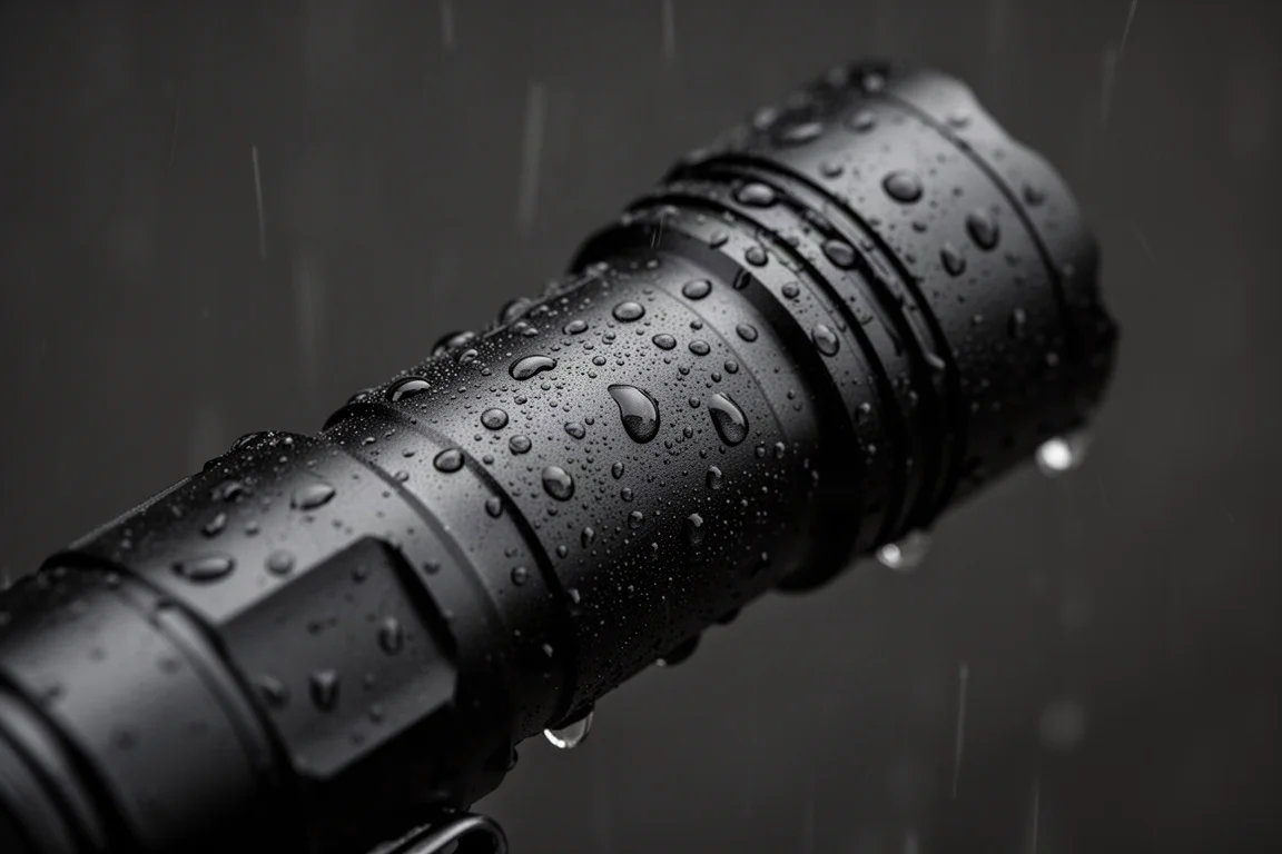 小雨過後啞黑鋁合金手電筒機身上的水珠