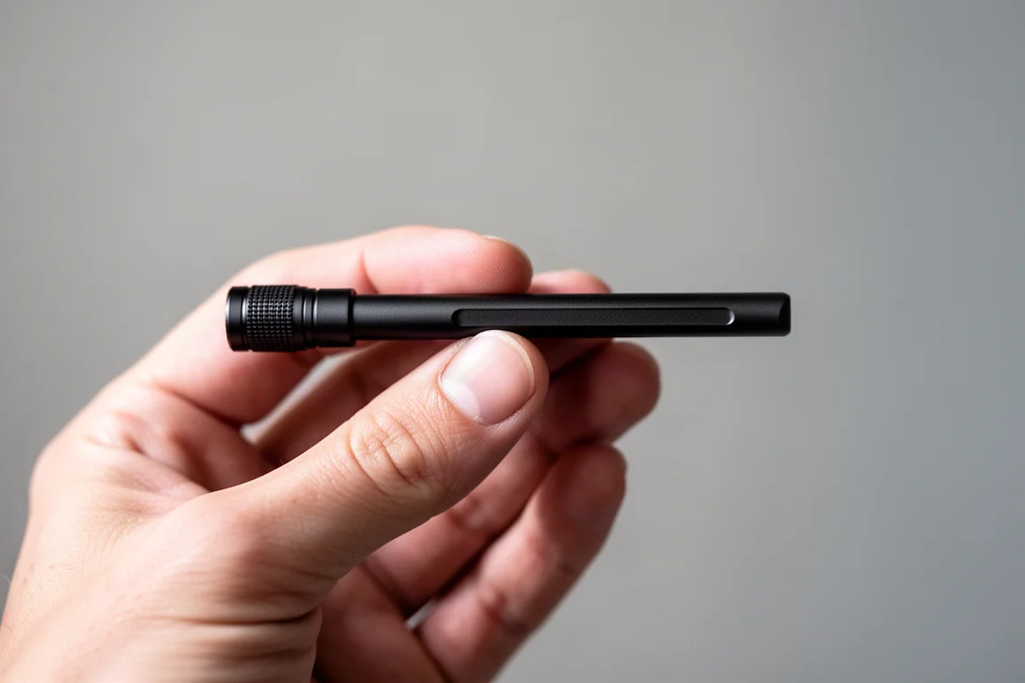 以手指夾着扁平日常攜帶手電筒,展示其纖薄的外形