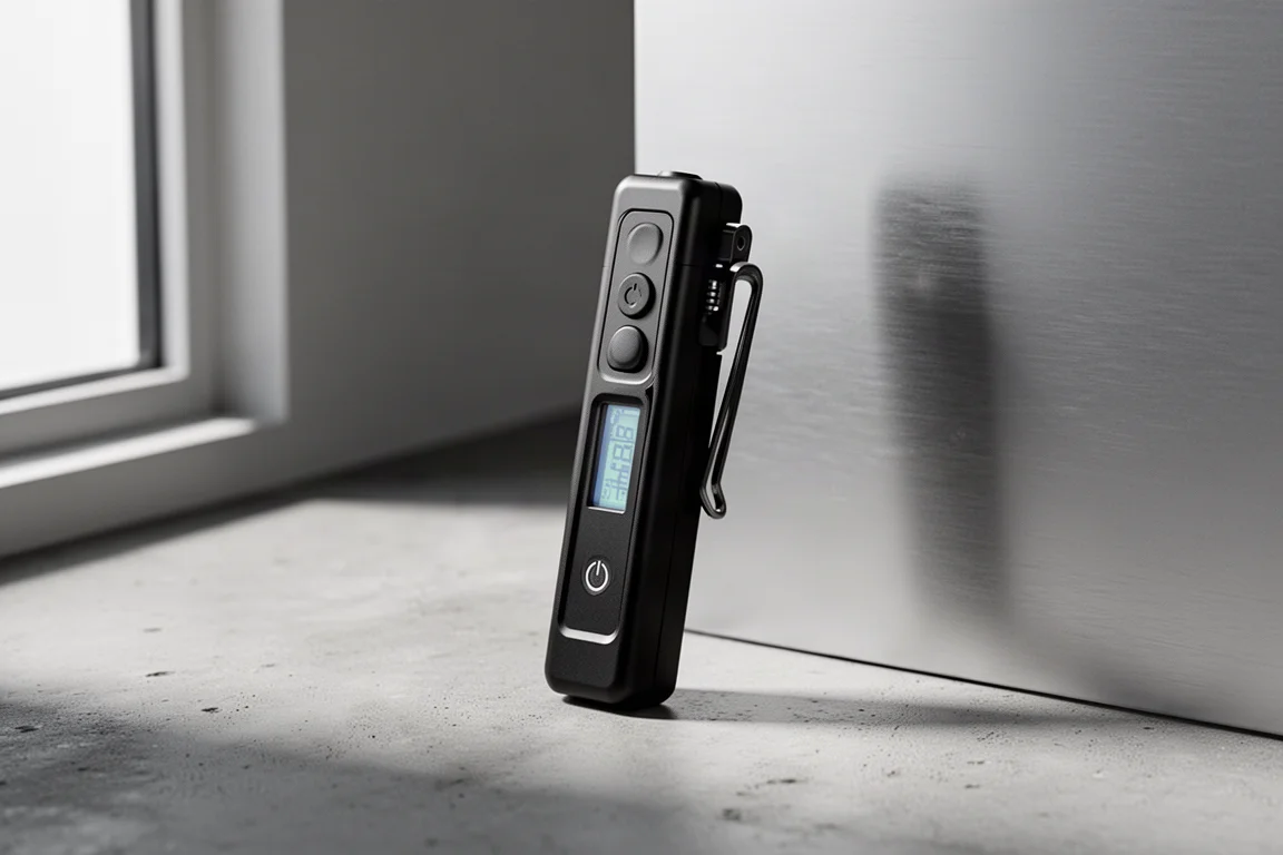 Slim flat black EDC flashlight with LCD display on concrete surface