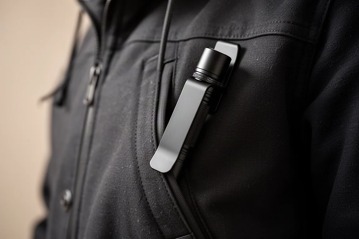 纖薄扁平的 EDC 手電筒以夾扣方式滑入外套口袋內側