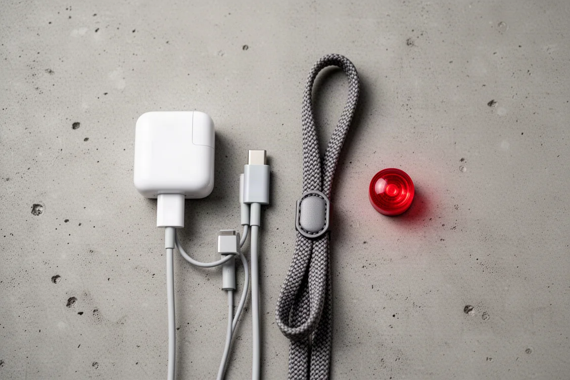 USB-C 充電線與掛繩平放在水泥表面上