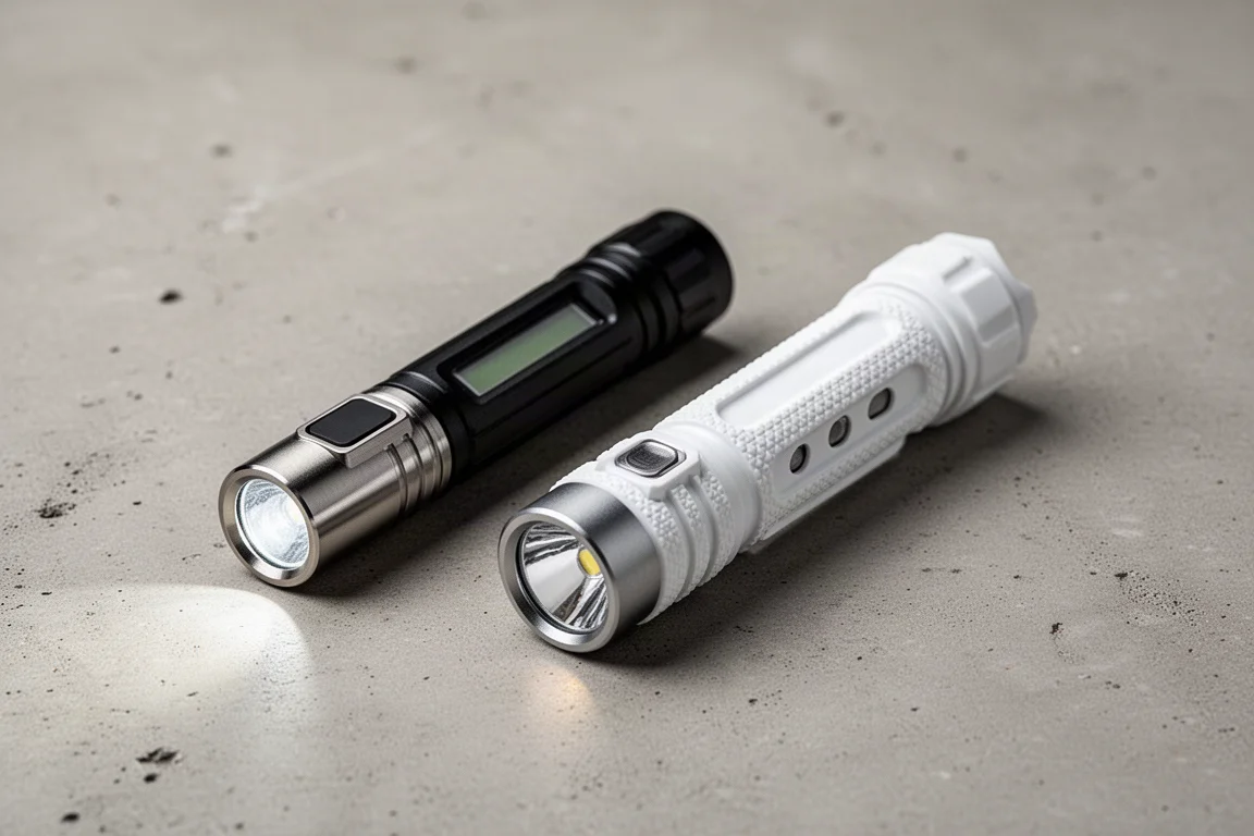 Nitecore EDC27 and Wuben X2 flat flashlights side by side on concrete