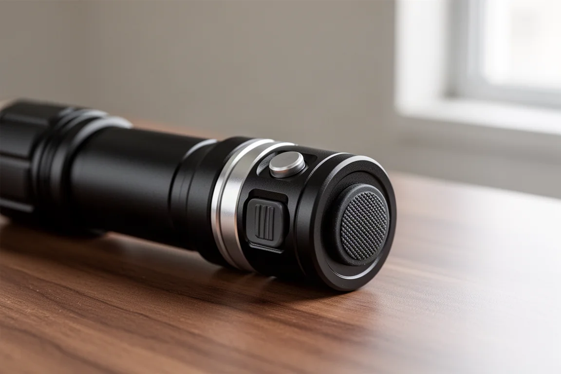 Närbild på en ficklampa baklock med roterande laddningsportlock och toggle-brytare