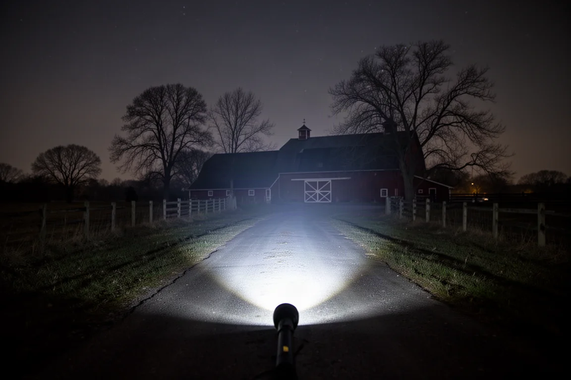 Ficklampa som lyser upp en mörk uppfart och avlägsna träd på natten