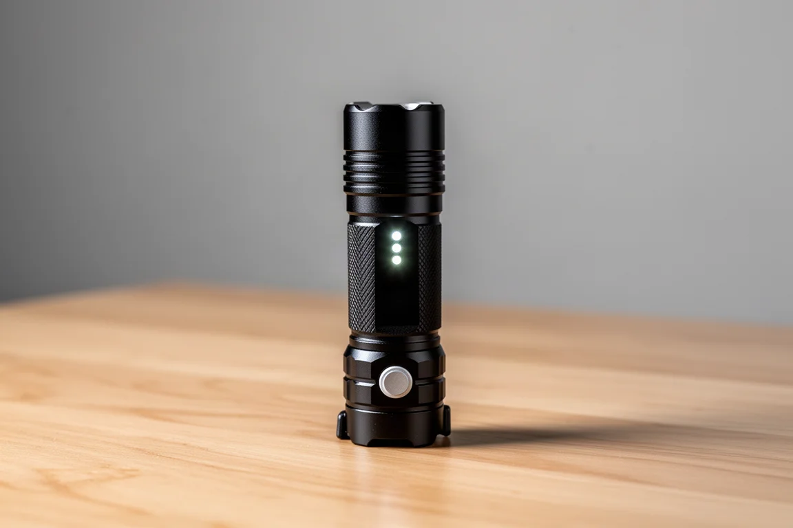 Ficklampa stående upprikt på sin baklock på ett bord