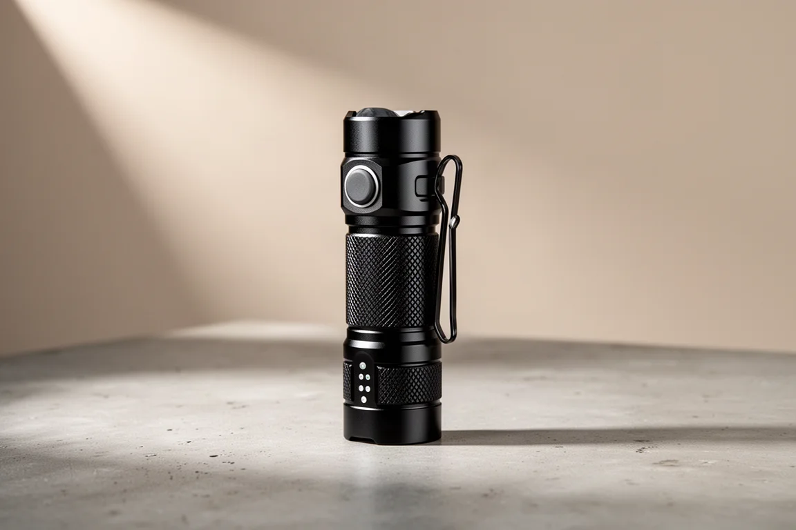 Compact black aluminium EDC flashlight standing on a concrete surface