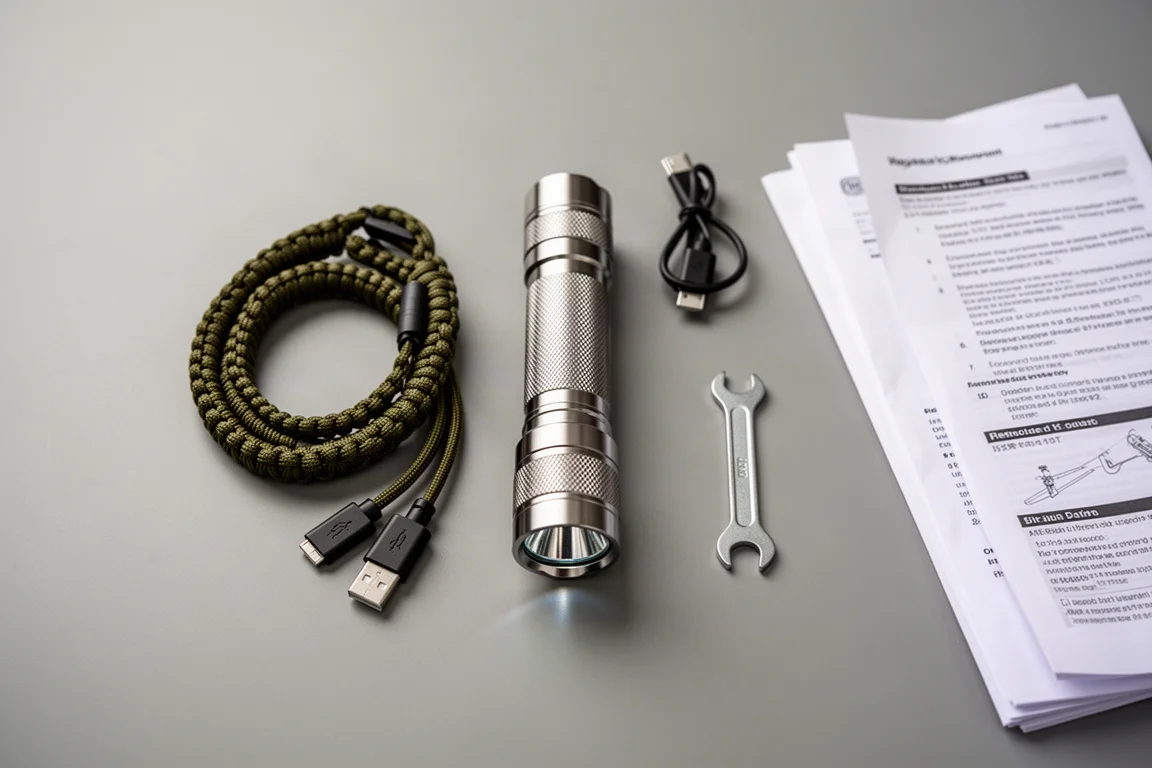 Flashlight kit laid out with charging cable, lanyard, and tools on a desk
