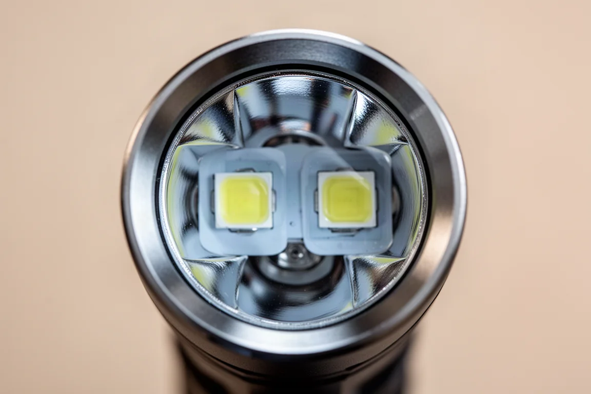 Close-up of dual LED emitters and reflectors inside a flashlight head