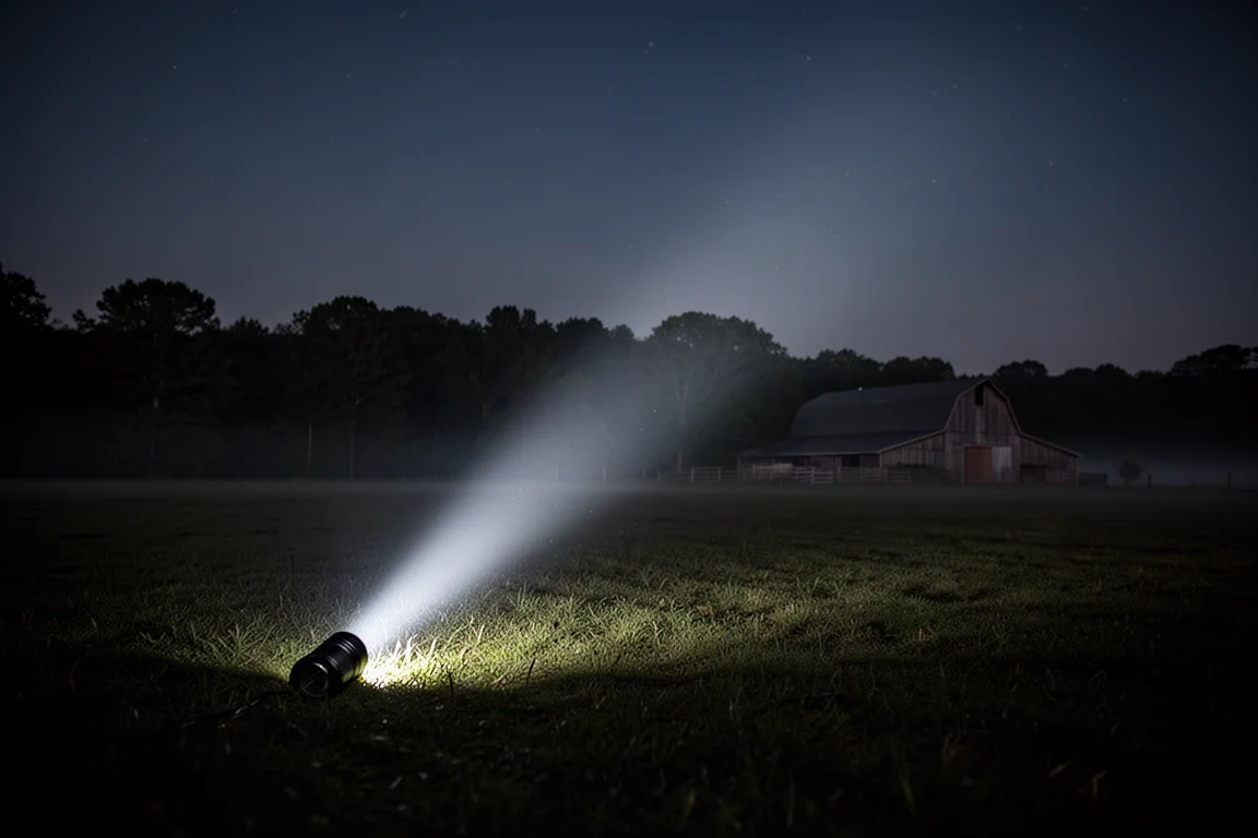 Flashlight beam cutting through a dark rural field at night