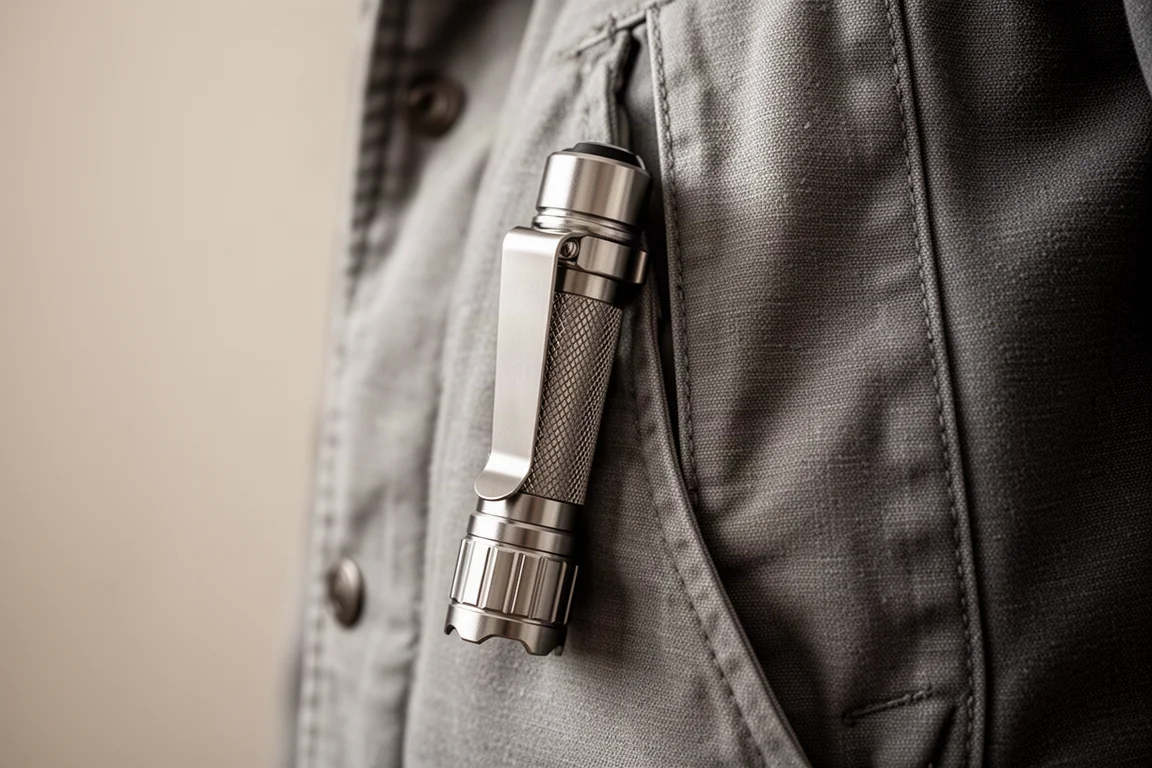 Flashlight clipped into a jacket pocket showing the long pocket clip