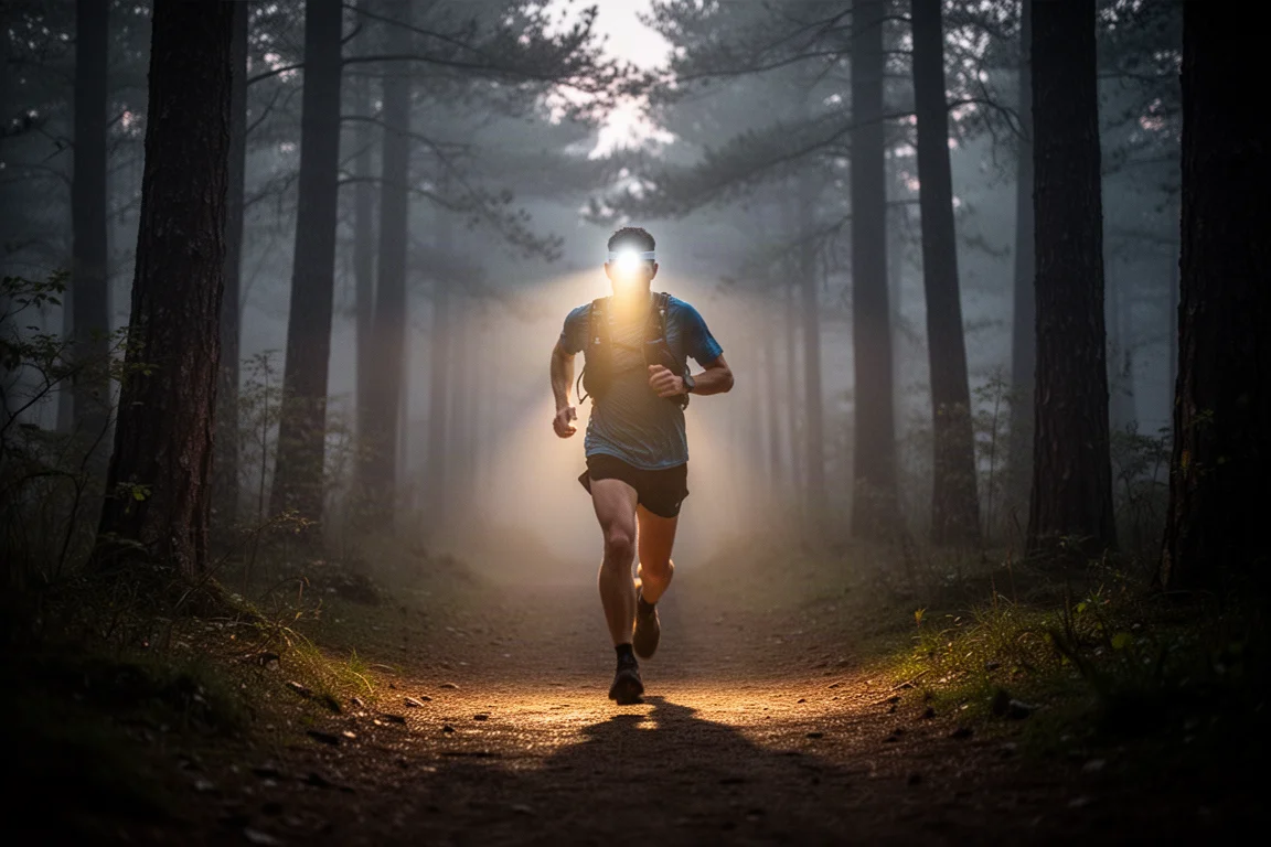 Trail runner che indossa una frontale leggera su un sentiero boscoso buio