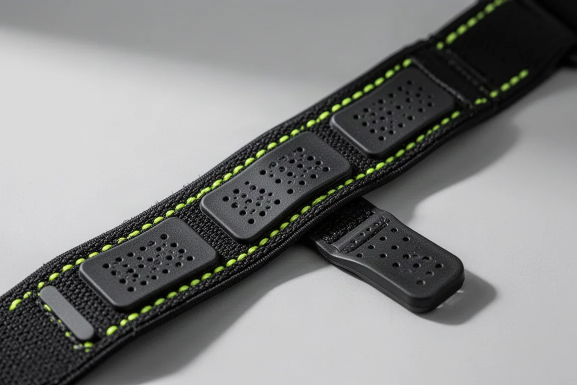 Primo piano della cinghia di una frontale con grip in silicone e dettagli alta visibilità