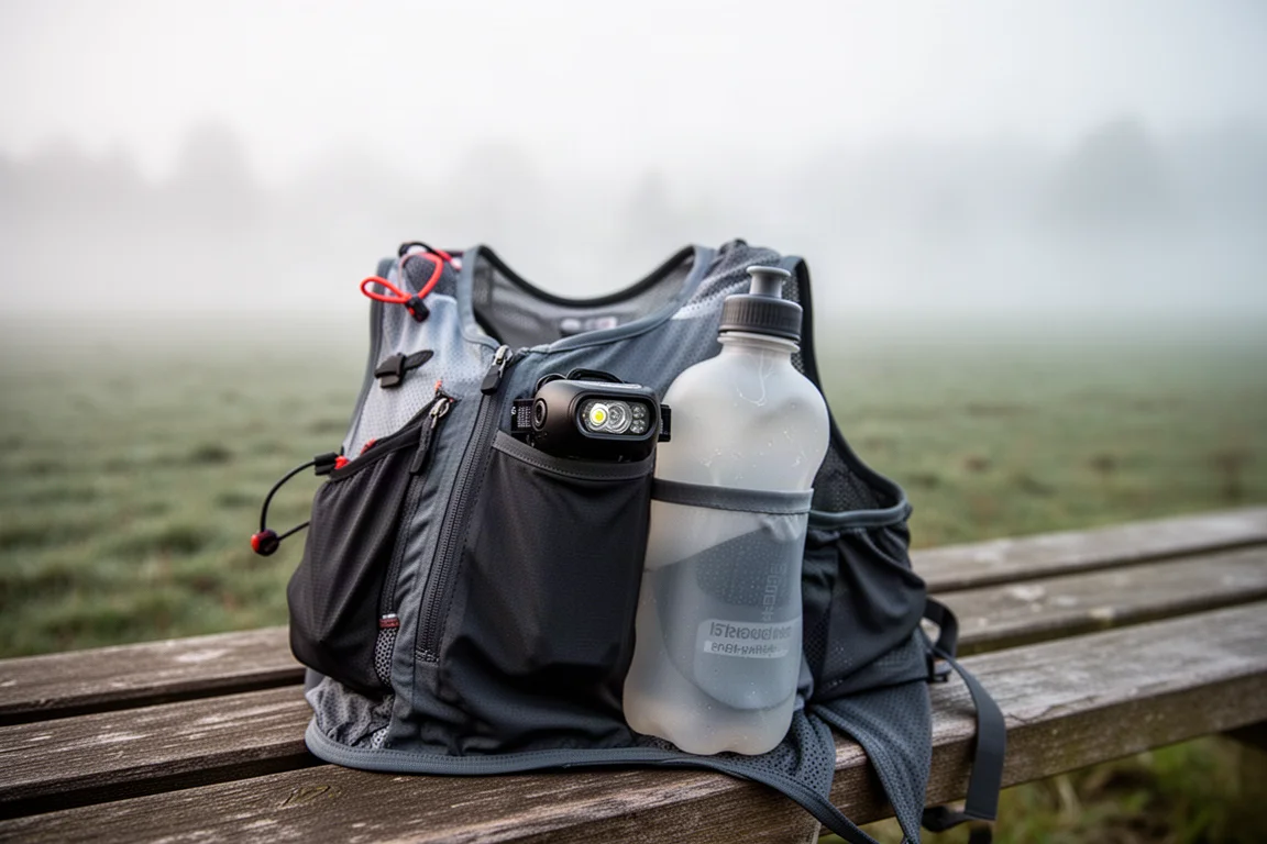 Frontale riposta in una tasca di un gilet da trail running insieme a soft flask