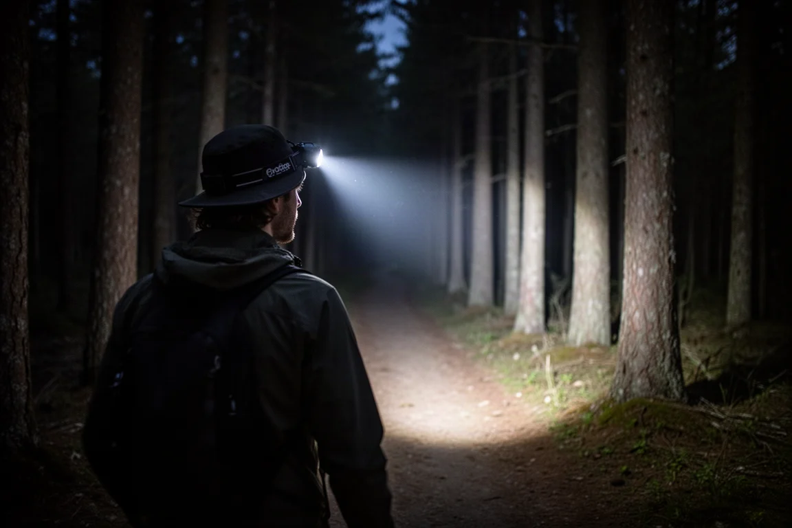 Persona con una frontale che cammina su un sentiero nel bosco di notte