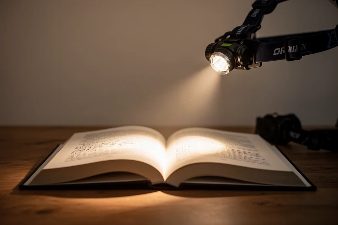 Fascio luminoso caldo e uniforme di una frontale che illumina una pagina in penombra