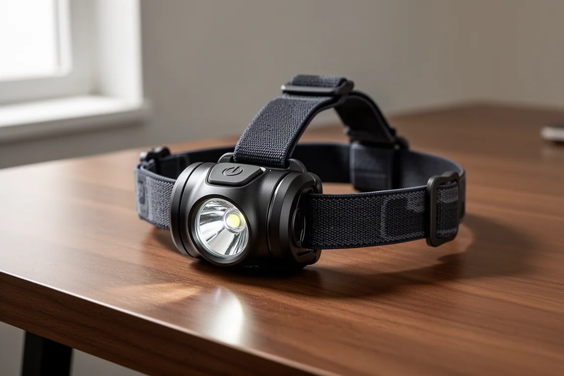 Nitecore HC65 headlamp with black aluminum body and fabric head strap on a wooden desk