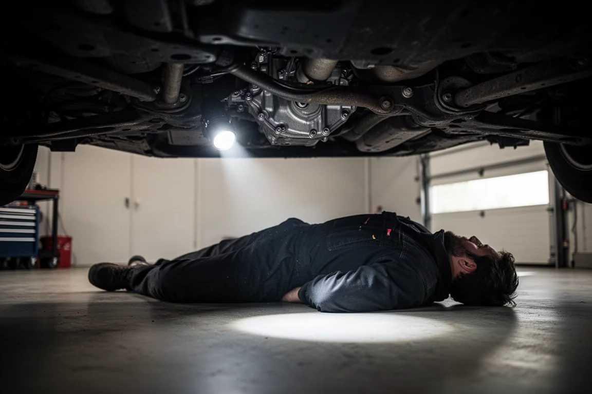 技師在車底作業,頭燈光線照亮漆黑的工作空間