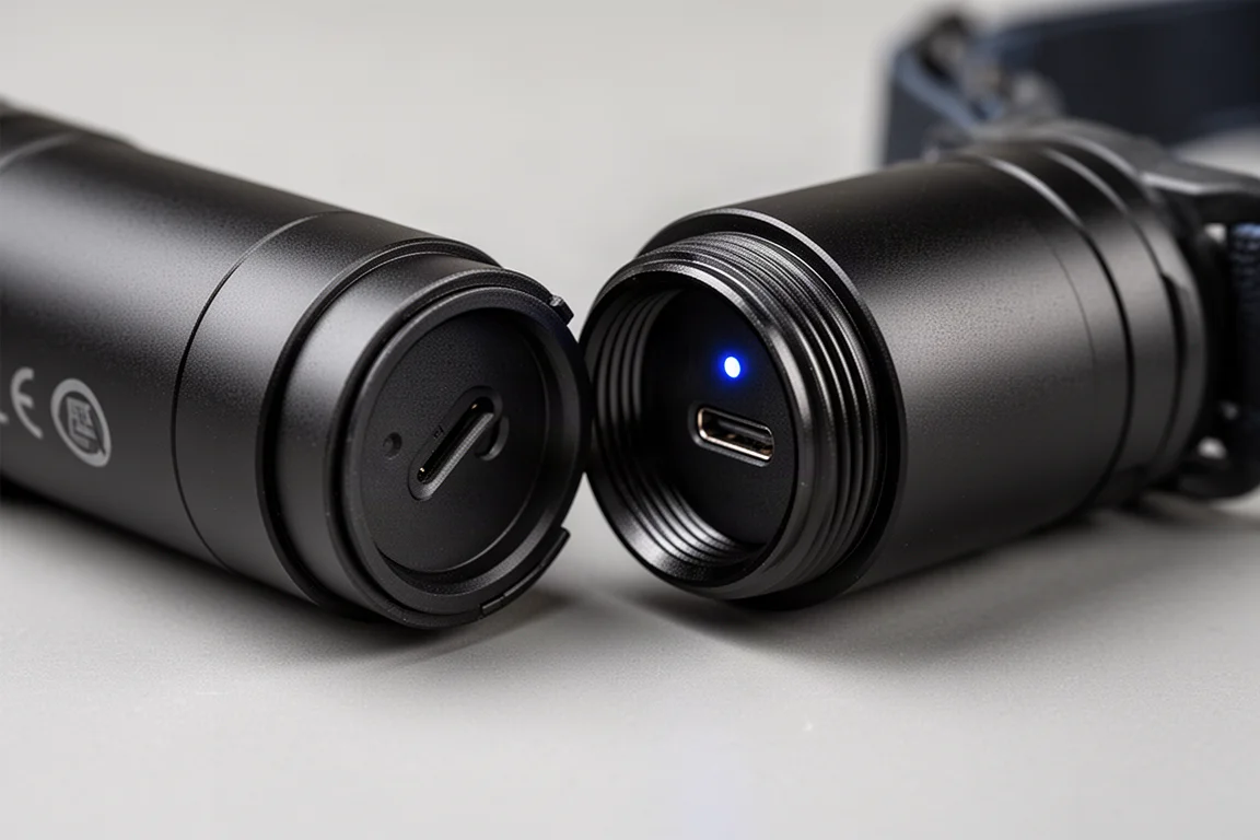 頭燈側蓋被旋開,露出隱藏的 USB-C 充電孔