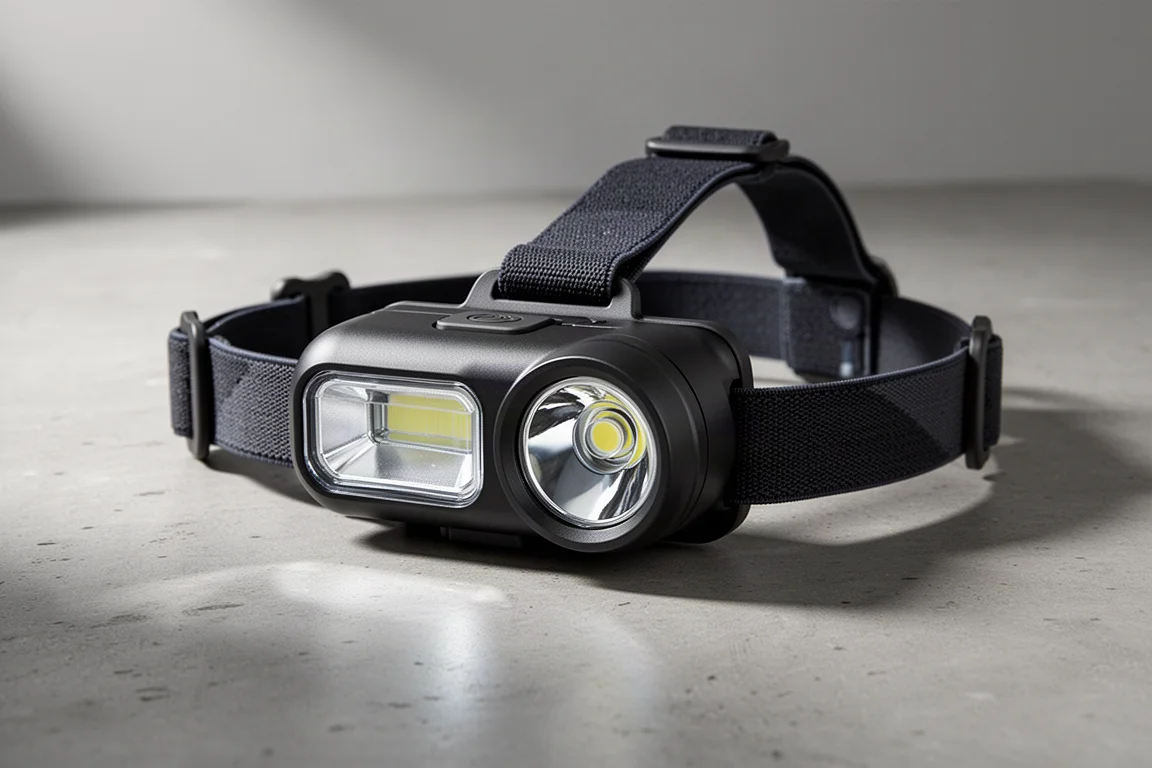 Nitecore HC68 dual-lens headlamp with head strap on a concrete surface