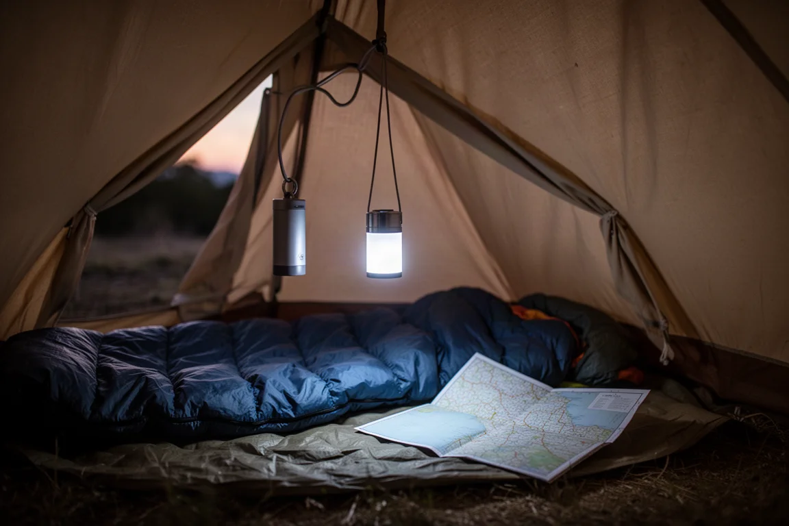 Kleine lantaarn hangt in een tent in de schemering en werpt zacht licht op uitrusting