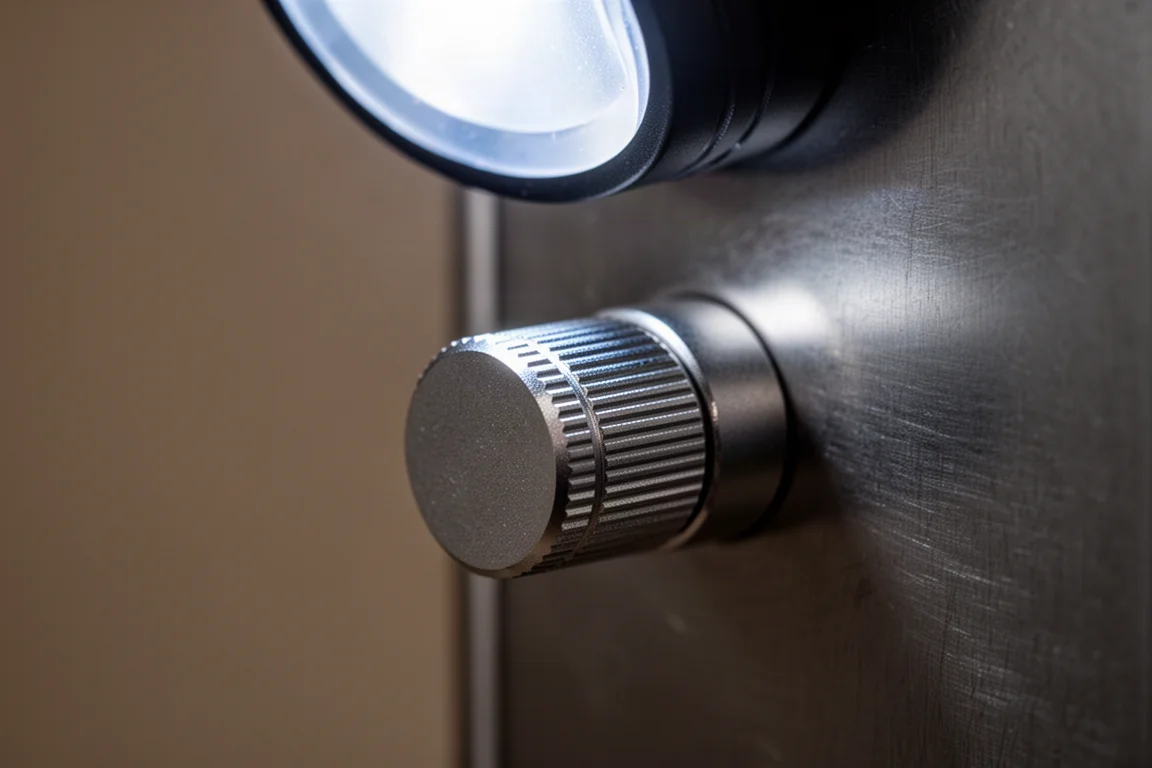 Macrodetail van een gekartelde magnetische staartkap vastgehecht aan geborsteld staal