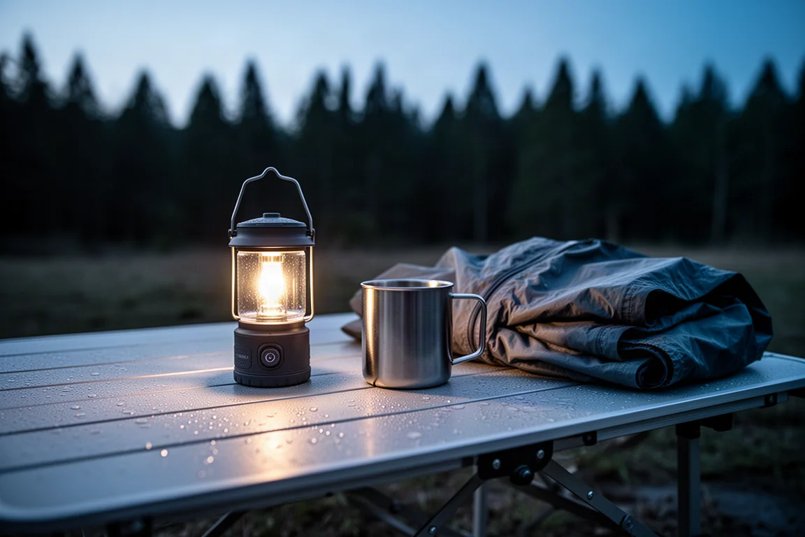 Compacte lantaarn gloeit op een campingtafel in het blauwe uur
