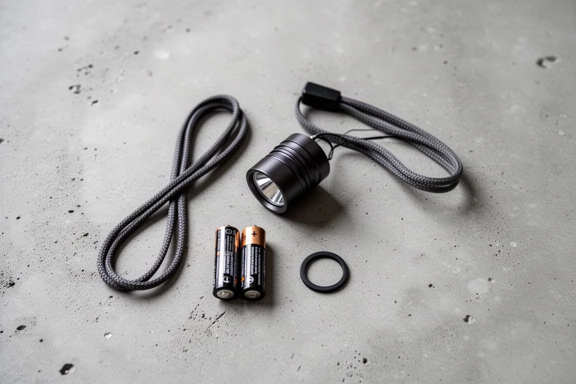 Flat-lay van een compacte lamp, lanyard, twee AA-batterijen en een O-ring