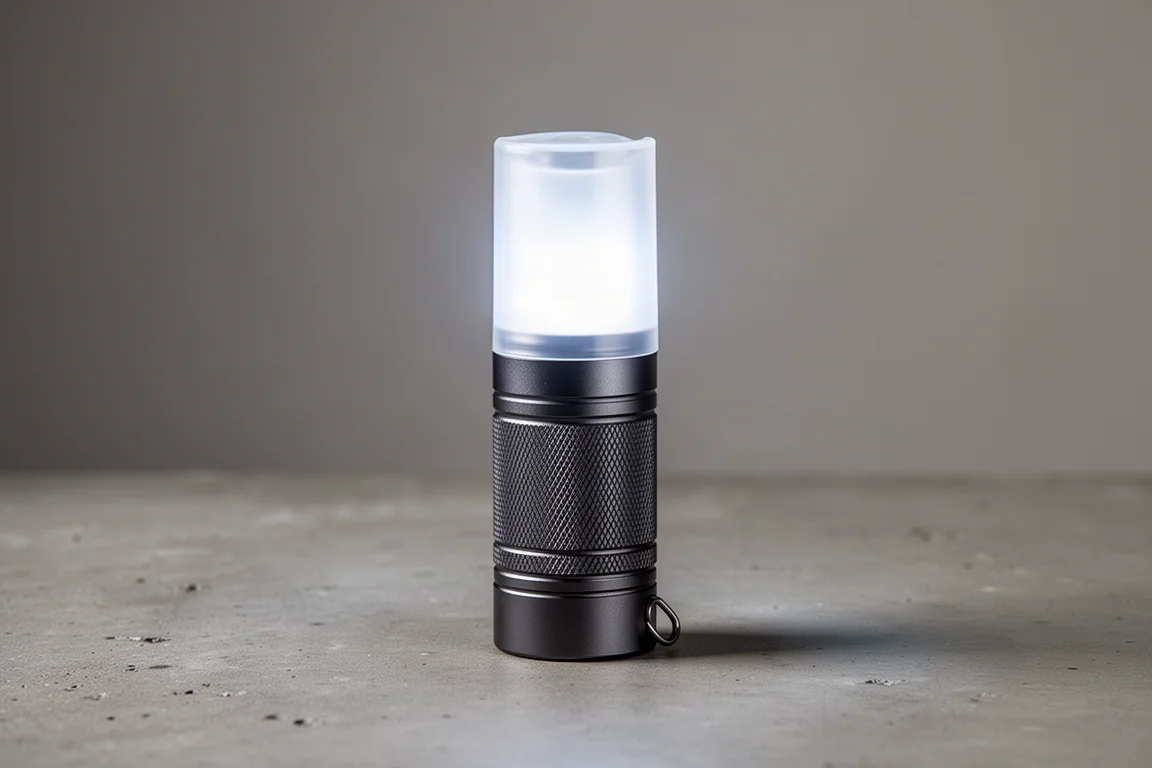 Compact aluminum lantern flashlight with glowing extended diffuser on a concrete surface