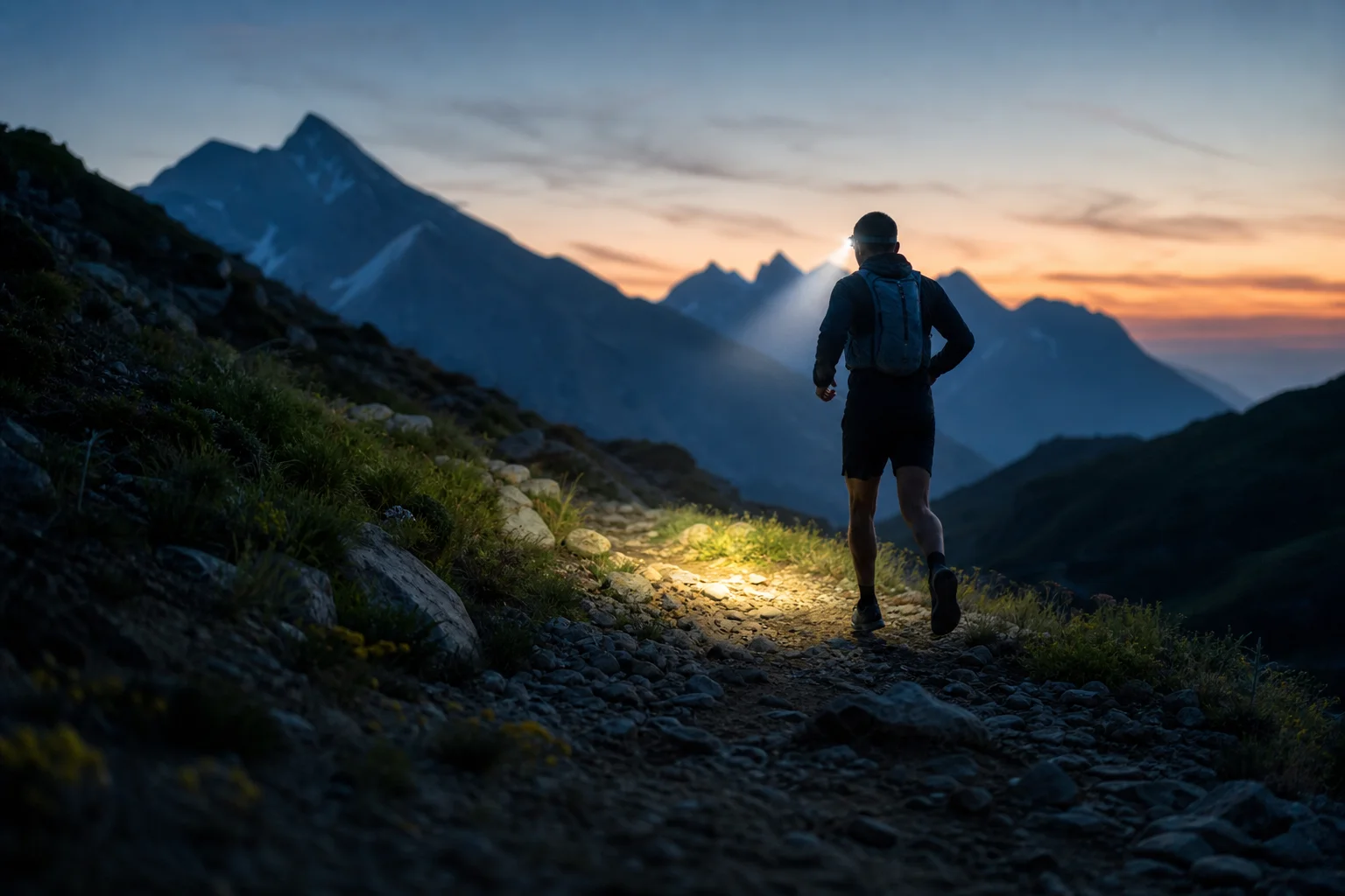 Trailrunner auf einem felsigen Bergpfad in der Dämmerung mit Stirnlampenlicht