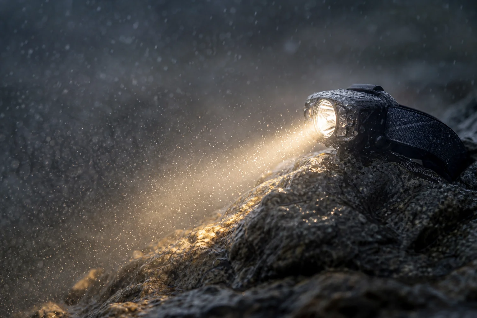 Stirnlampenstrahl beleuchtet nasses Gelände bei Regen und Nebel