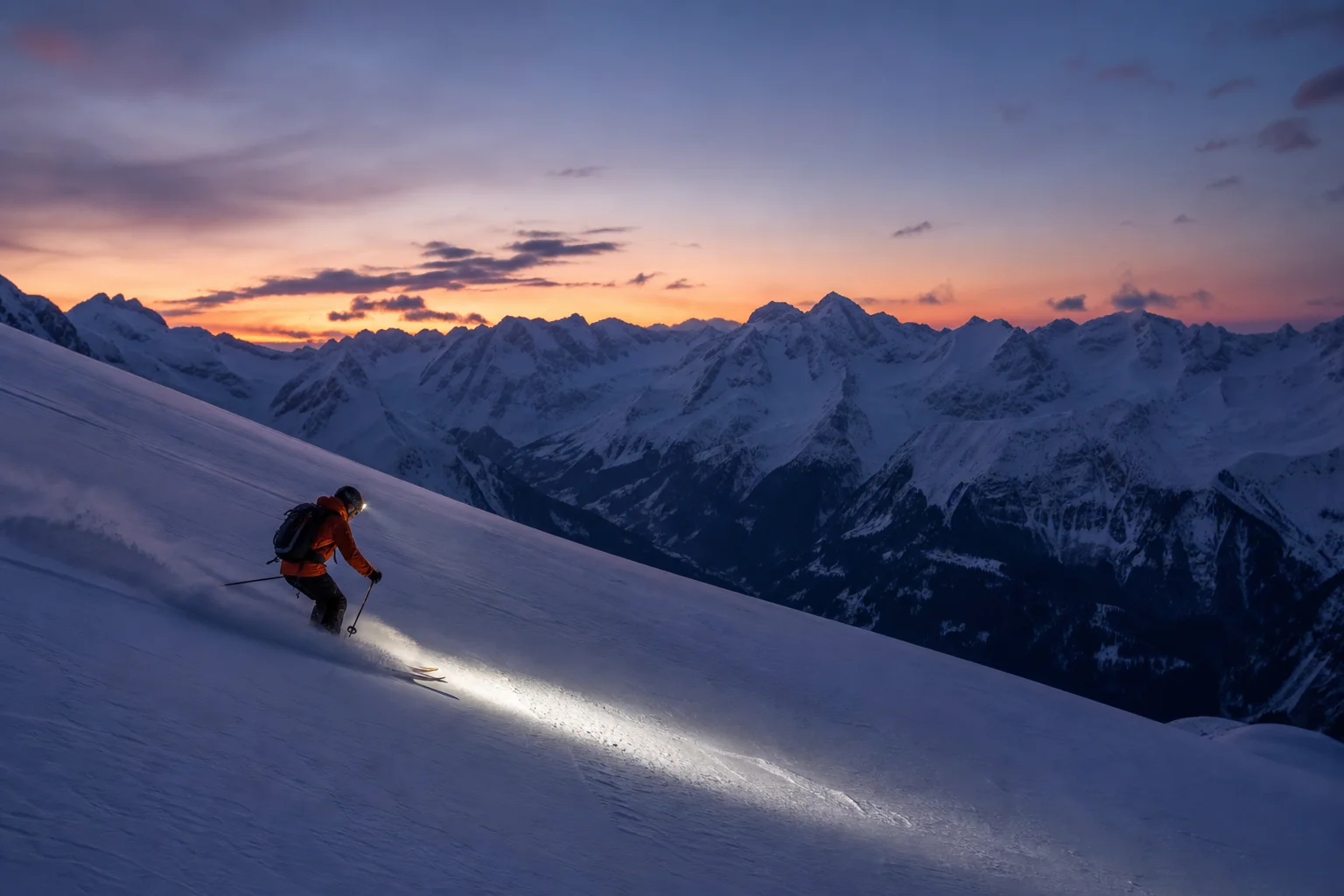 Backcountry-Skifahrer bei der Abfahrt eines verschneiten Hangs in der Dämmerung mit Stirnlampe